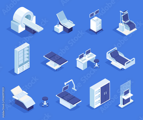 Modern medical equipment for surgery, operating room, resuscitation, dentistry, therapeutic departments, MRI,
cardiology, examinations. Vector illustration