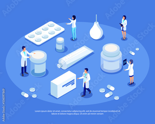 Isometric set of medical equipment, medicines, doctors. A set of 3D characters in a medical uniform. Medical technology for the doctor's office. Vector illustration.