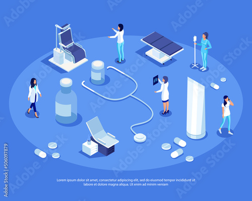Isometric set of medical equipment, medicines, doctors. A set of 3D characters in a medical uniform. Medical technology for the doctor's office. Vector illustration.