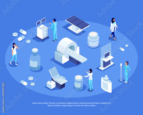 Isometric set of medical equipment, medicines, doctors. A set of 3D characters in a medical uniform. Medical technology for the doctor's office. Vector illustration.