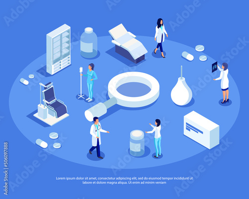 Isometric set of medical equipment, medicines, doctors. A set of 3D characters in a medical uniform. Medical technology for the doctor's office. Vector illustration.