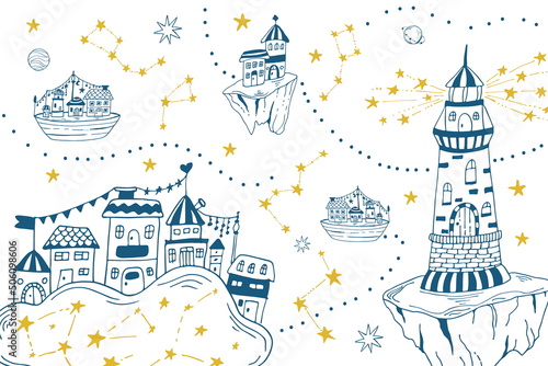 Blue outline hand-drawngalaxy town, stars, cute houses and lighthouse on the island, stars. Space vector illustration.