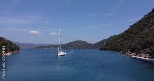 yacht floats in the sea shore with mountains 