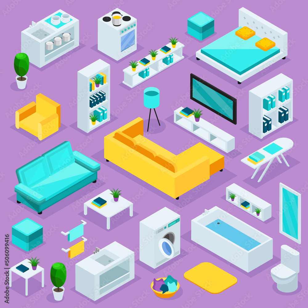 Fototapeta premium Isometric set of office furniture. Bright furniture for employees and entrepreneurs. Vector illustration on bright background.