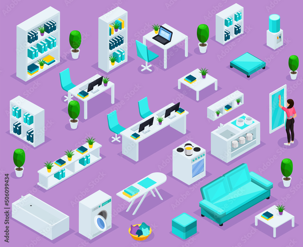 Isometric set of office furniture. Bright furniture for employees and entrepreneurs. Vector illustration on bright background.