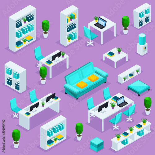 Isometric set of office furniture. Bright furniture for employees and entrepreneurs. Vector illustration on bright background.