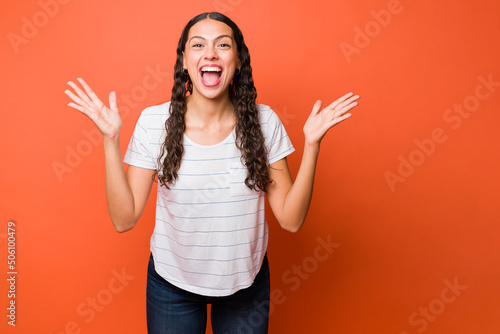 Portrait of a cheerful woman shouting
