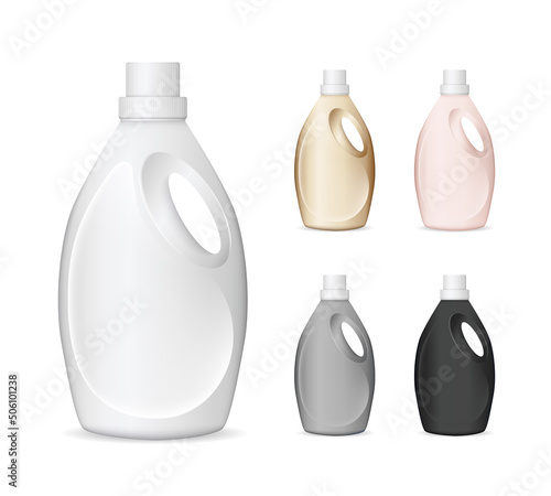 Set of realistic white plastic bottles for liquid laundry detergent, bleach, fabric softener, dishwashing liquid or another cleaning agent. Easy to place your text and brand logo. Vector illustration
