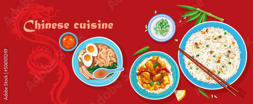 Chinese food, vector illustration with typical Chinese food as rise, noddle's, sweet and sur meat. Vector illustration on white background