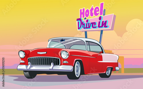 Vintage red classic car on sunset background with Hotel on the road.  legendary American road and cars. vector illustration