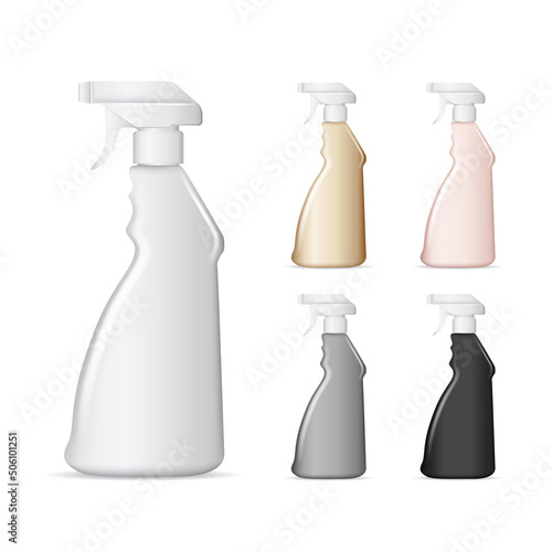 Set of realistic white plastic bottles for liquid laundry detergent, bleach, fabric softener, dishwashing liquid or another cleaning agent. Easy to place your text and brand logo. Vector illustration