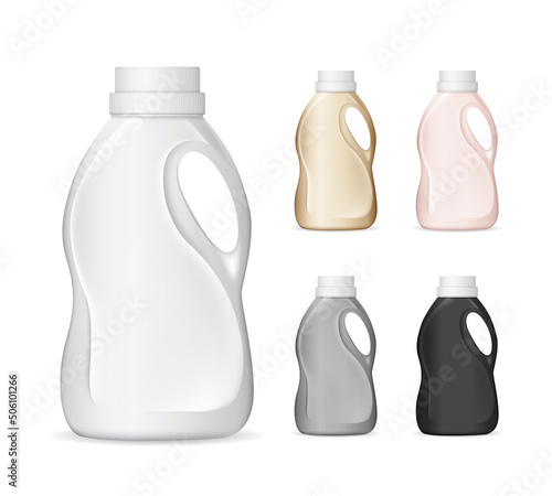 Set of realistic white plastic bottles for liquid laundry detergent, bleach, fabric softener, dishwashing liquid or another cleaning agent. Easy to place your text and brand logo. Vector illustration