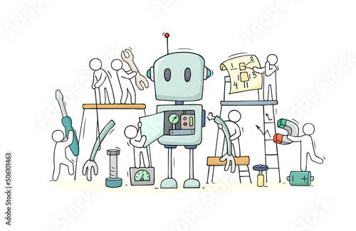 people and assembled cute robot construction.
