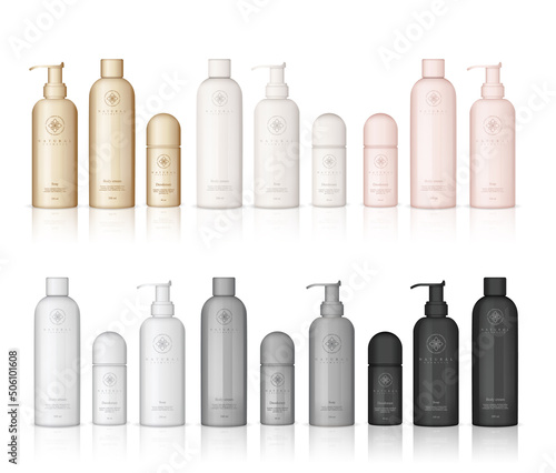 Realistic cosmetic bottles on white background. Cosmetic cream containers and tubes for cream, lotion, shampoo, gel, balsam, conditioner, and spray. 3d Vector Illustration