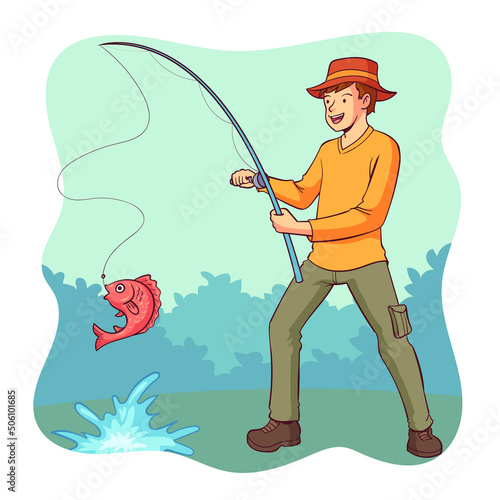 hand drawn angler catching fish
