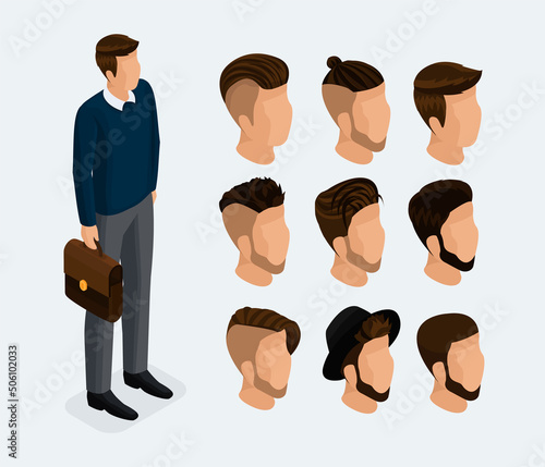 Isometric set of fashionable hairstyles for a man, a businessman. Male head in 3D for character animation. Stylish hairstyles, styling, hair color for men. Vector illustration.