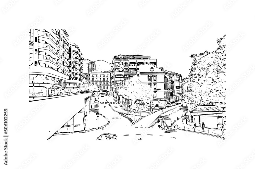 Building view with landmark of Manako is the village in Mali. Hand drawn sketch illustration in vector.