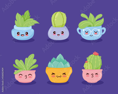 six kawaii plants icons