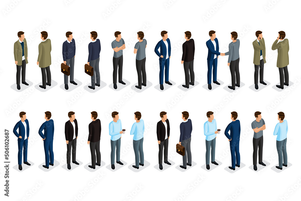 Fashionable men in isometrics. 3D people in fashionable clothes.  Stylish young people. Vector illustration