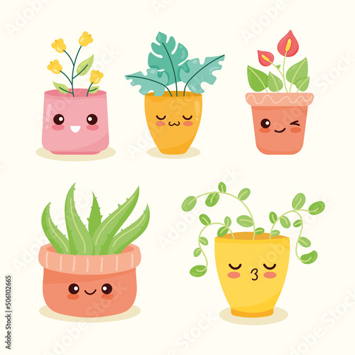 five kawaii plants icons