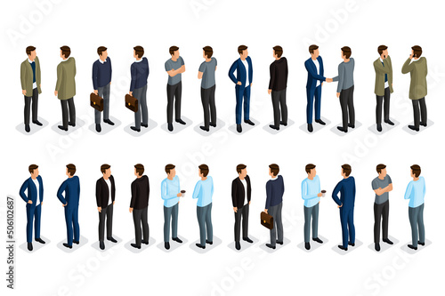 Fashionable men in isometrics. 3D people in fashionable clothes.  Stylish young people. Vector illustration