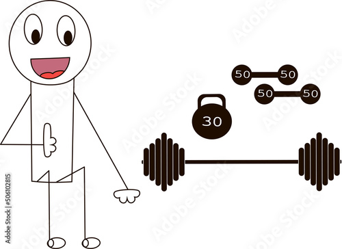 Person is engaged in power sports with dumbbells, weight and a barbell