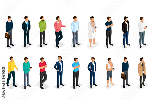 Fashionable men in isometrics. 3D people in fashionable clothes. Stylish young people. Vector illustration