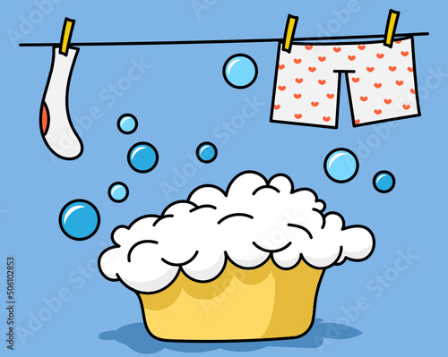 Laundry washing vector illustration. A bowl of foam and a line of clothes to dry.