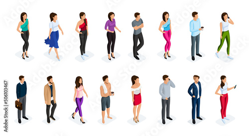 Fashion isometric people, men, and women 3D, front view back view. People in fashionable clothes, in different poses. Vector illustration. 