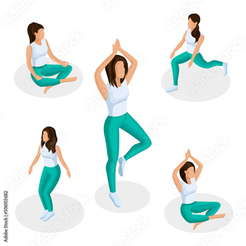 Trendy isometric people set. 3D woman with a phone in different poses on a light background. Vector illustration