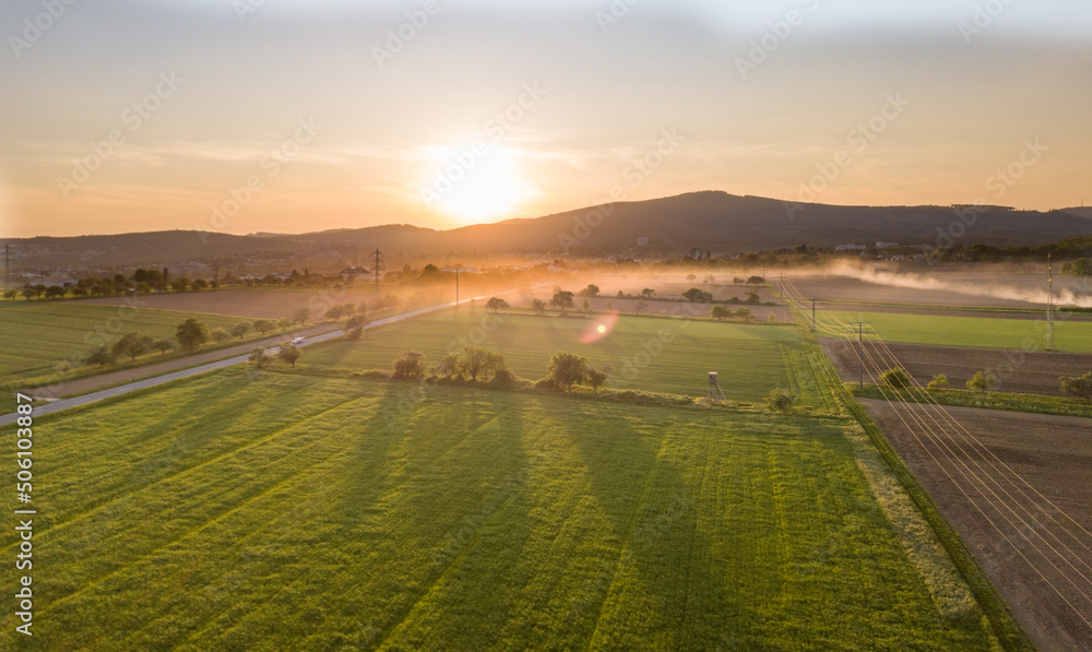 Obraz premium Aerial drone view of Agriculture fields of the Taunus between Steinbach and Kronberg in the Taunus