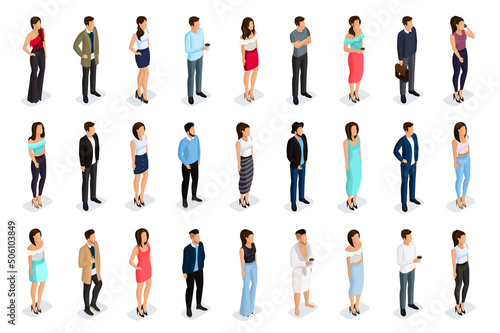 Fashion isometric people, men, and women 3D, front view back view. People in fashionable clothes, in different poses. Vector illustration.  © Vitalex
