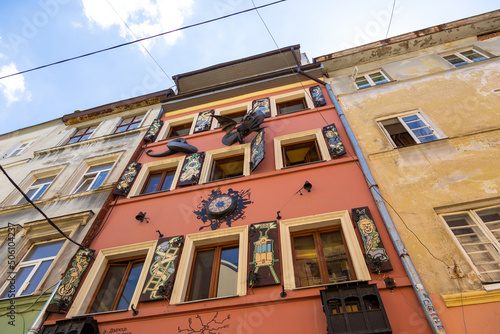 The facade of a beautiful historic tenement house. Lviv, Ukraine.