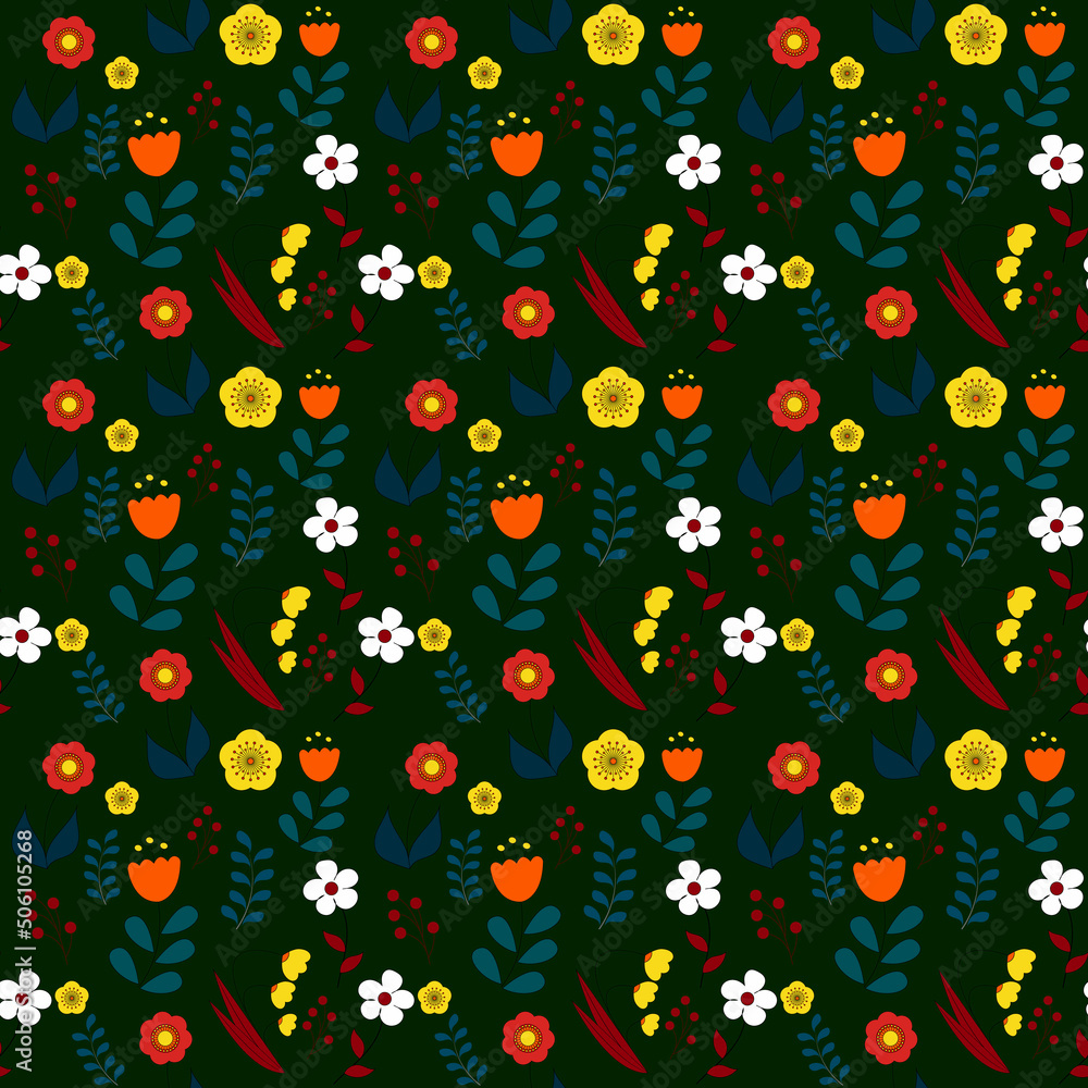 Seamless floral pattern on a dark green background. Bright flowers in doodle style. Children's floral pattern. Vector illustration Seamless floral pattern on a dark green background. Bright flowers in doodle style. Children's floral pattern. Vector illustration