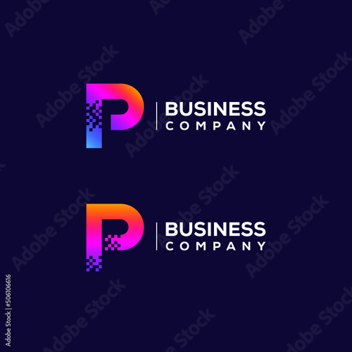 Abstract Letter P Logo design with Pixels Square Shape for Technology and Digital Business Company