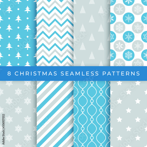 Set of winter blue and grey seamless patterns 