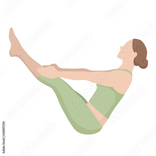 Yoga, paripurna navasana. Boat pose. A young slim woman in a green tracksuit is doing yoga. Vector illustration in flat style. Isolated on white background