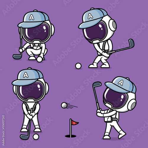 cute cartoon astronaut playing golf set collection