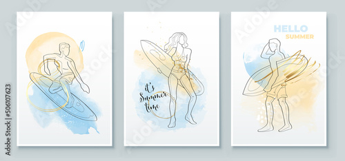 Summer tropical wall arts background. Surfing guy, woman or girl with surfboard, line arts. Watercolor background design for wall framed prints, canvas prints, poster, home decor, t shirt, wallpaper