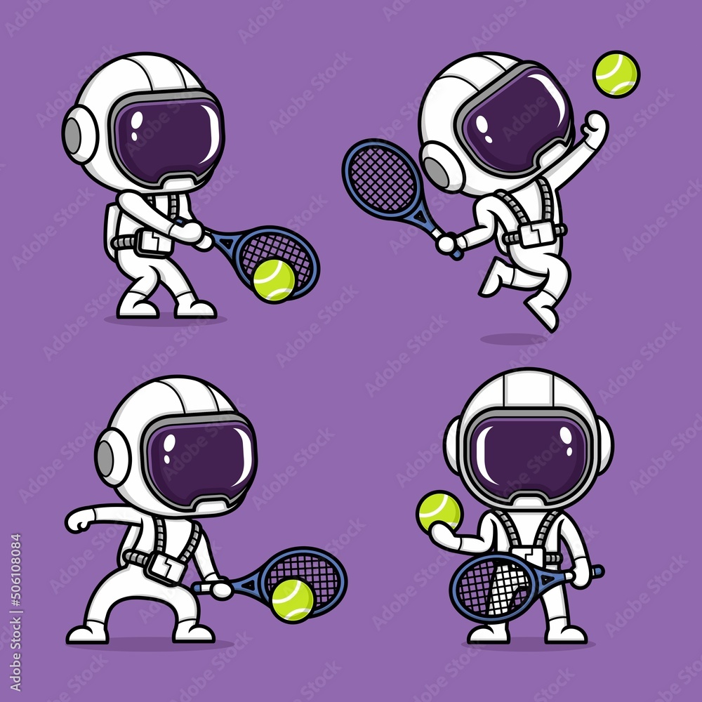 cute cartoon astronaut playing tennis set collection