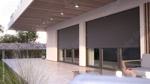 Window roller illustration - modern house with terrace, 3D illustration photo