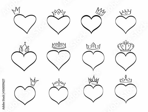 Crowned hearts vector set in sketch style. Hand drawn monrah, princess symbol, like line art heart