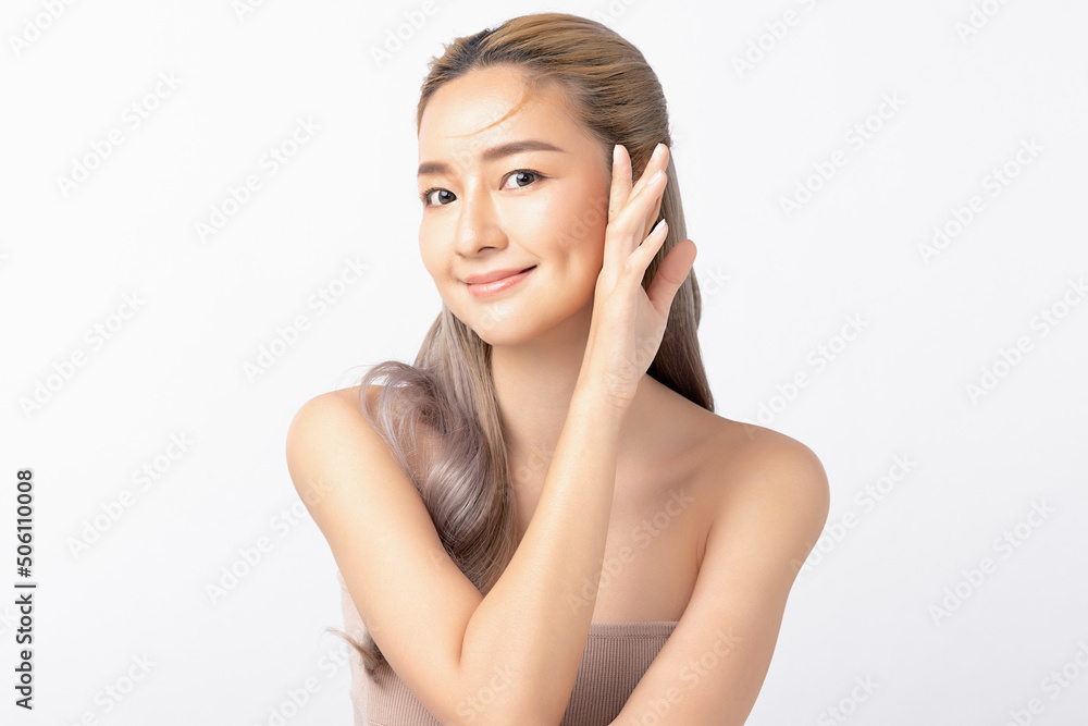 Happy beautiful young asian woman clean fresh bare skin concept. Asian girl beauty face skincare and health wellness, Facial treatment, Perfect skin, Natural make up. Isolated on white background.