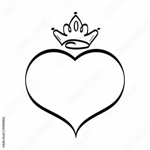 Crowned heart vector in sketch style. King and queen signs, doodle wedding icon. Hand drawn monrah, princess