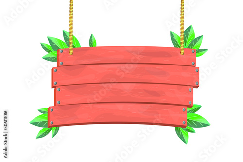 Vector Tropical Wooden Sign Board Hanging Jungle Wood Frame Banner, UI Game Cartoon Menu Panel. Information empty pointer object, GUI exotic announcement boulder Isolated on White Wooden sign Template