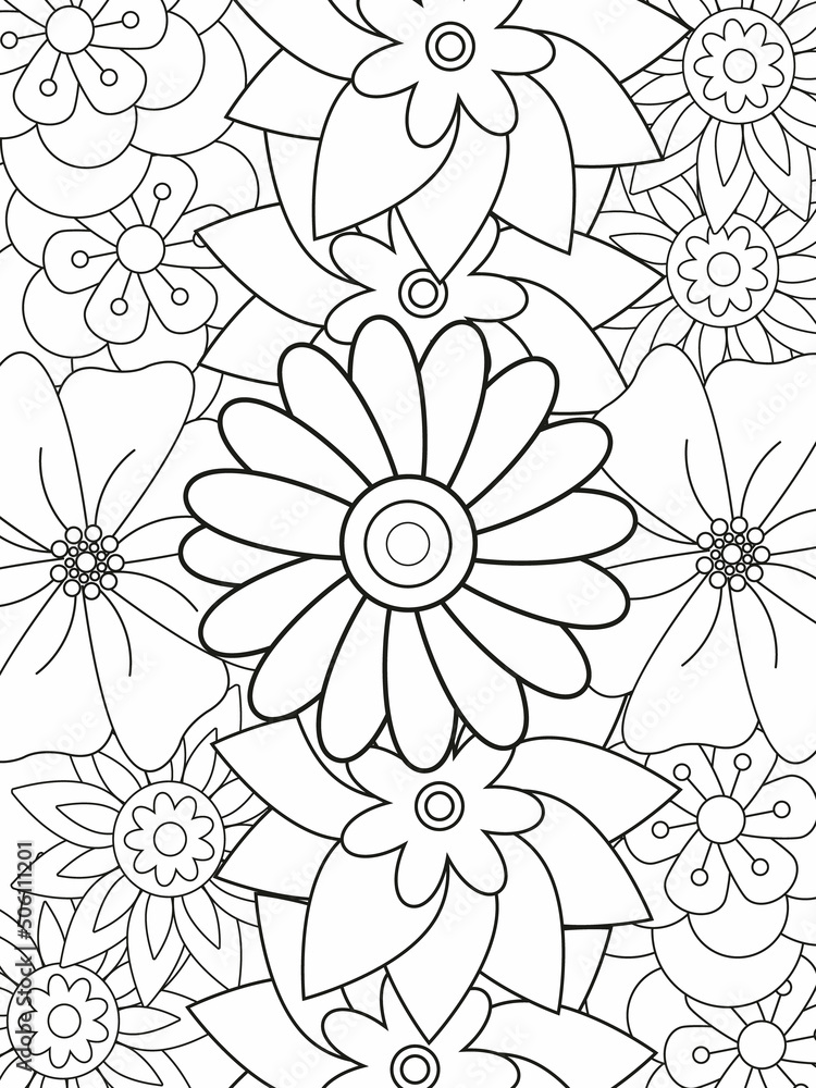 Outline vector drawings of flowers for adult coloring books. Page of