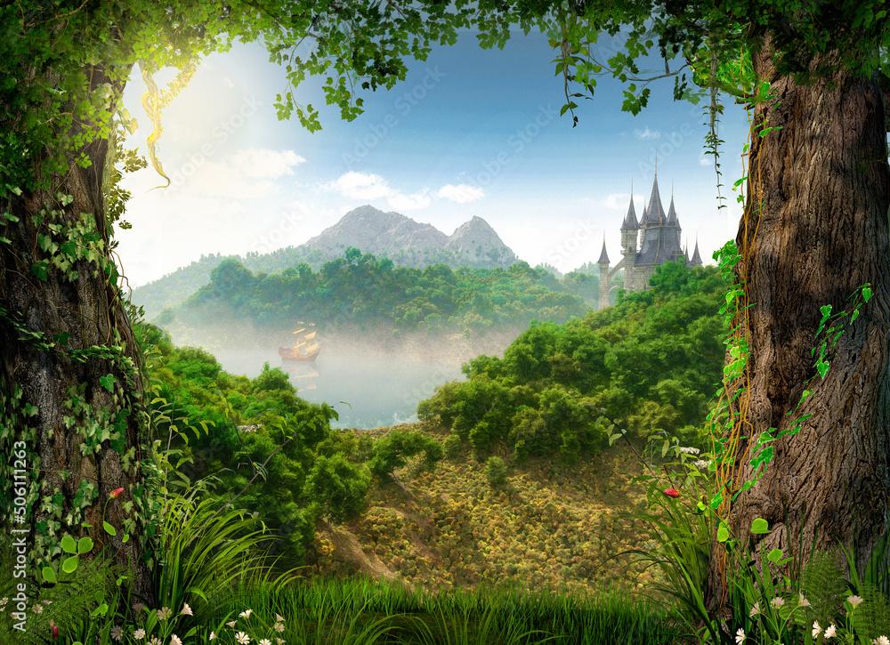 View through a beautiful enchanting fairy tale woodland onto a castle and a sailing ship - obrazy, fototapety, plakaty 