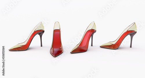 3D render of Glamour glass women shoes on hight heels isolated on white background