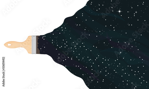 Paint brush drawing space vector illustration banner. Paint Brush stroke white background painting universe.