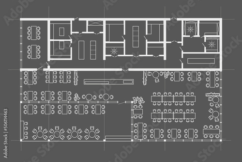 Linear technical sketch rectangle restaurant with terrace plan on gray background